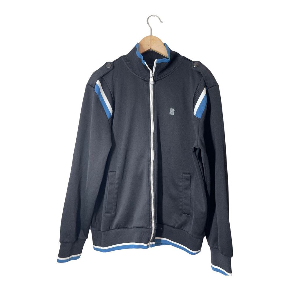 Marc Ecko Track Jacket Black Sz Large Mens Full Zip Retro Striped Sleeve Detail